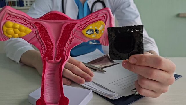 A gynecologist holds a pack of condoms and a model of a uterus. The doctor encourages the use of contraception against unexpected pregnancy and STD