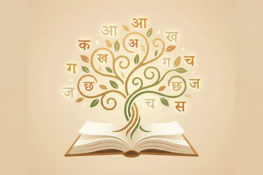 Open book education concept with glowing language symbolism