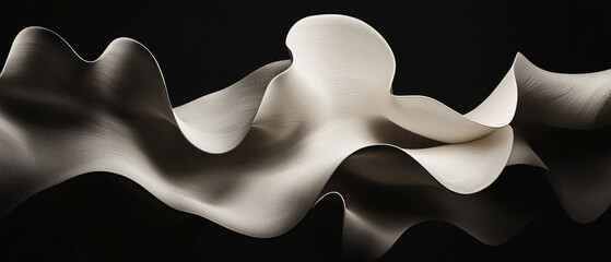 White textured abstract waves and elegant curves undulate horizontally against a deep black background, showcasing subtle light and shadow details