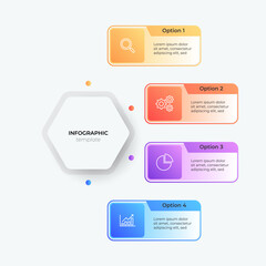 Modern hexagonal Infographic template with 4 colorful steps and line Icons. Vector illustration.