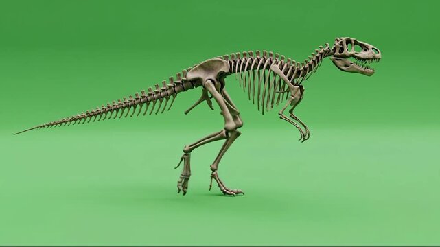 A detailed 3D render of a dinosaur skeleton standing against a vibrant green background.