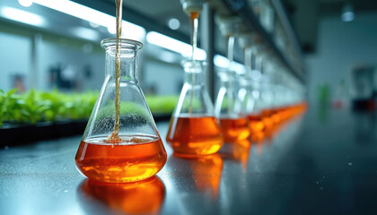Glass flasks with orange liquid in scientific research. Plants grow in background for agriculture study. Testing solutions for eco innovation.