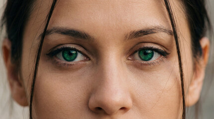 A pair of green eyes gaze directly forward