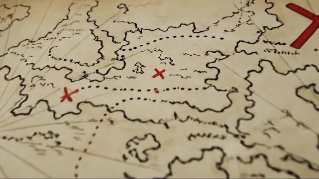 Old treasure map with red crosses marking locations on a parchment paper.