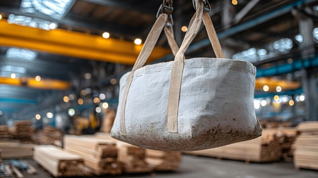 Large industrial white bulk bag filled with sawdust hanging from crane in woodworking factory with blurred lumber background and bright glow.