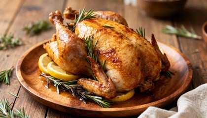 Roasted Chicken with Rosemary and Lemon on Wooden Platter