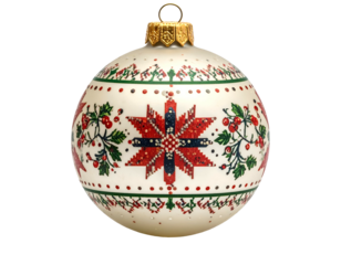 White ornament with festive folk pattern and gold cap
