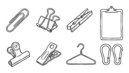 Collection of stationery. Detailed drawings of a paper clip, binder, clothes pins, hanger, carabiner, clip art.