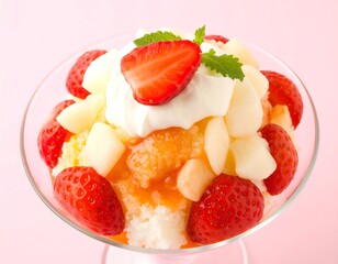 Delicious strawberry dessert with whipped cream and fruit