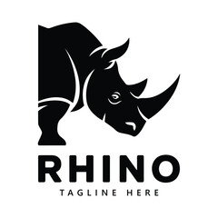 Rhino Logo with Bold Horned Silhouette and Tagline Black and White Vector Graphic © Ava