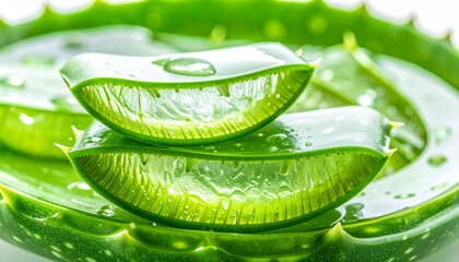 Close-up aloe vera gel texture with translucent glossy surface, smooth organic form, fresh hydration concept, macro detail, isolated on white background, cosmetic ingredient stock image.
