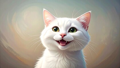 Close-up portrait of a happy white cat with green eyes and an open mouth, looking directly at the camera with a joyful expression.