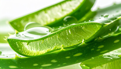 Close-up aloe vera gel texture with translucent glossy surface, smooth organic form, fresh hydration concept, macro detail, isolated on white background, cosmetic ingredient stock image