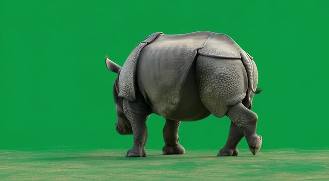 Powerful Rhinoceros Walks Away Against a Green Screen Background for Digital VFX Use
