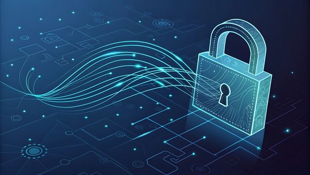 Abstract illustration of digital data security global network connection with glowing lines flowing into a padlock on dark blue background representing cyber security information protection - Powered by Adobe