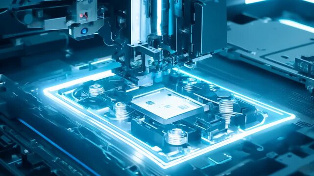 Close-up of a futuristic robotic system assembling a microchip with glowing blue lights and precision machinery in a high-tech environment. 4k Video footage.