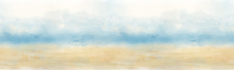Summer or spring seascape with a sandy shore and sea on the horizon under a blue sky and clouds. Digital watercolor illustration. Seamless background border, ocean and coastline views, sandy seabed.