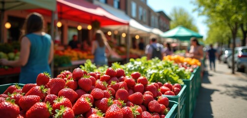 Outdoor street market displays bountiful strawberries and fresh greens. Shoppers browse stalls under tents on a sunny day. Local food and community connection are visible.
