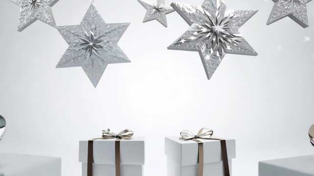 A white background with delicate silver and crystal star decorations hanging, creating a minimalist holiday ambiance. 4k Video footage.