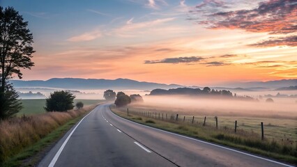 Winding empty asphalt road stretches toward misty mountains during colorful sunrise with fog rolling across green countryside fields and trees