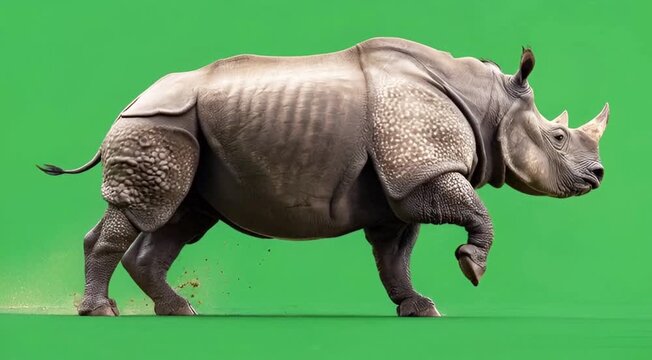 Majestic rhinoceros in motion against a vibrant green backdrop, showcasing its powerful physique