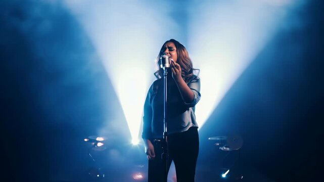 A female singer performing passionately on stage with dramatic blue lighting and spotlight effects. 4k Video footage.