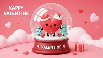 Cute animated heart character in a Valentine-themed snow globe with festive winter elements and romantic decorations