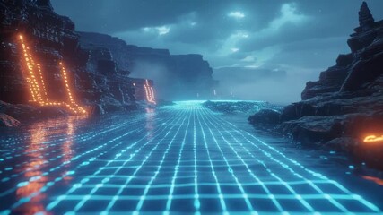 A river of glowing binary data flowing through a futuristic digital desert at night - Powered by Adobe