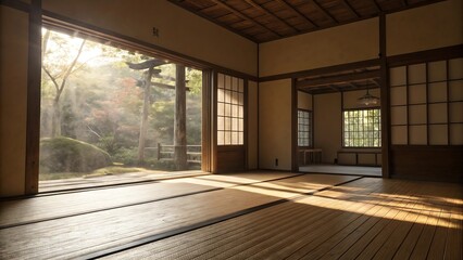 Traditional japanese room interior with tatami mats shoji screen doors and wooden architecture overlooking misty zen garden with stone lantern and sunlight filtering through trees peaceful sanctuary