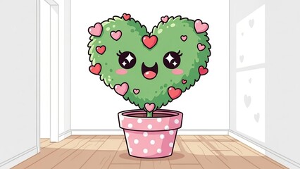 Cute animated heart-shaped green monster plant with blushing cheeks and sharp teeth in a pink dotted flowerpot