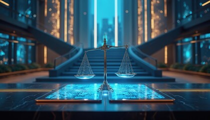 Futuristic scales of justice sit atop circuit boards in a modern court hall. Digital law and AI fairness are conceptually represented. This signifies legal tech and future justice.