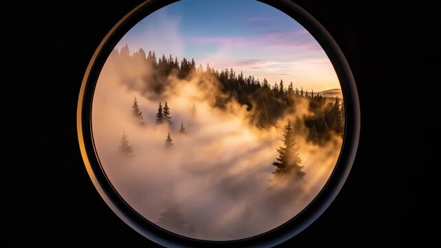 Captivating Mountain Vista: A circular window frames a stunning vista of a mountain range enveloped in a sea of fog, with the warm colors of dawn painting the sky. 