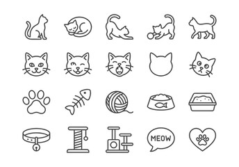 Minimalist 20 cat vector icons set. Monoline outline art with rounded corners. Linear symbols for web, UI/UX, cute pets, animal care, accessories, and playful themes.