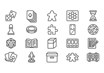 A professional set of 20 minimalist vector icons for board and tabletop games. Monoline linear style with rounded corners in dark grey on white.
