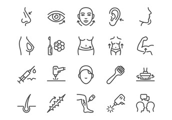Set of 20 minimalist linear beauty surgery icons. Vector monoline symbols of cosmetic procedures, plastic surgery, and aesthetic medicine on white background.