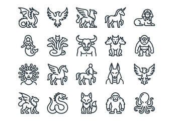 Set of 20 mythical creatures line icons. Vector illustration of dragon, phoenix, unicorn, mermaid, sphinx and other legendary beasts. Black outline style on white background. © GOLDMAN