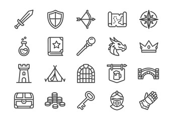 Medieval and Fantasy Adventure linear icons set. 20 vector monoline outlines including sword, dragon, magic, and castle. Minimalist UI design on white background.