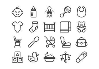 Set of 20 minimalist line icons for baby care. Modern outline symbols including bottle, stroller, crib, and toys arranged in a grid. Clean vector UI design elements.