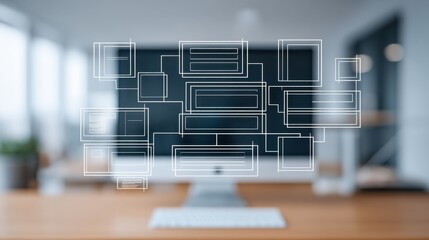 Agile Management Graphics with Layered Design Elements on Defocused Background in Modern Workspace for Project Visualization and Team Collaboration