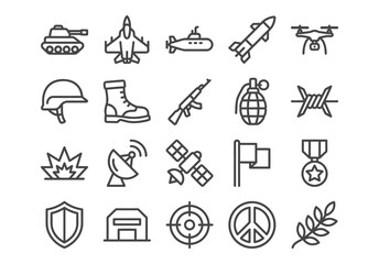 Military and war line icons set. Vector collection of army symbols including tank, weapon, drone, soldier gear, explosion, and peace signs. Simple outline style isolated on white background.