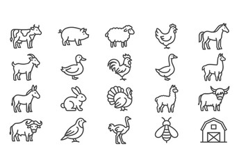 Farm animals vector line icons set. Minimalist agriculture and livestock monoline symbols. Cow, pig, chicken, horse, sheep in modern simple style for UI UX design.