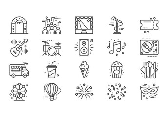 Set of 20 minimalist festival line icons. Modern monoline vector symbols for carnival, music, food, and entertainment with technical dotted accents for UI/UX design.
