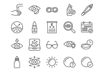 Vector line icon set for contact lens care and eye health. Includes symbols for lenses, cleaning, solution, eye exam, and vision. Simple black outline design.