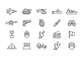 Set of 20 military and army line icons. Vector illustration of tank, weapon, soldier, war equipment, and vehicles isolated on white background.