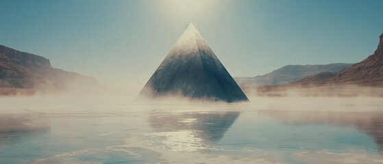 Grand pyramid reflects in misty lake water under bright sun