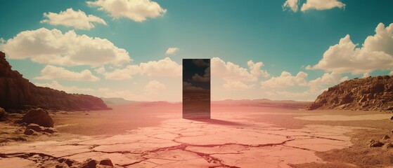Black reflective monolith stands on cracked red desert