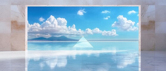 Pyramid on a reflective salt lake under blue sky and white clouds