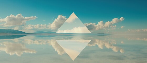 Geometric triangles overlay sky and cloud reflection on calm water