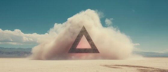 A textured triangle is surrounded by dust cloud in arid desert