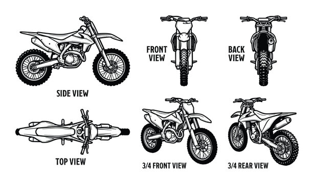 Detailed dirt bike vector illustration featuring front, side, top, and 3/4 front and rear views in black and white.